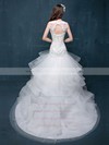 Trumpet/Mermaid Scoop Neck Organza Tulle Appliques Lace Court Train Open Back Fabulous Wedding Dresses #PWD00022860