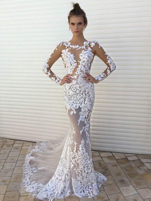 Sexy Trumpet/Mermaid Scoop Neck Tulle Appliques Lace Sweep Train Long Sleeve Wedding Dresses #PWD00022861