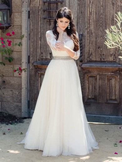 Beautiful A-line Scoop Neck Tulle Appliques Lace Floor-length 3/4 Sleeve Wedding Dresses #PWD00022865