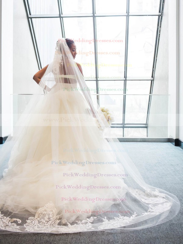 Ball Gown Strapless White Tulle Ruffles Court Train Backless New Arrival Wedding Dresses #PWD00022867