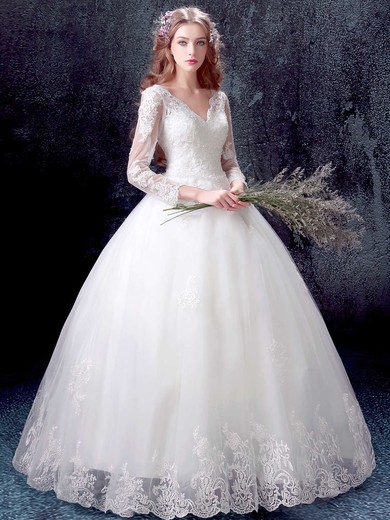 Prettiest Ball Gown V-neck White Tulle Appliques Lace Floor-length 3/4 Sleeve Wedding Dresses #PWD00022871