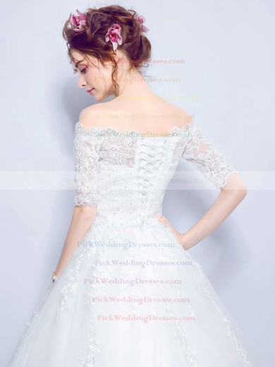 Ball Gown Off-the-shoulder Tulle Appliques Lace Floor-length 1/2 Sleeve Sweet Wedding Dresses #PWD00022873
