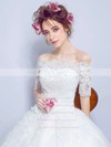 Ball Gown Off-the-shoulder Tulle Appliques Lace Floor-length 1/2 Sleeve Sweet Wedding Dresses #PWD00022873