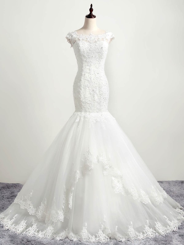 Affordable Trumpet/Mermaid Scoop Neck Tulle with Appliques Lace Sweep Train Wedding Dresses #PWD00022874