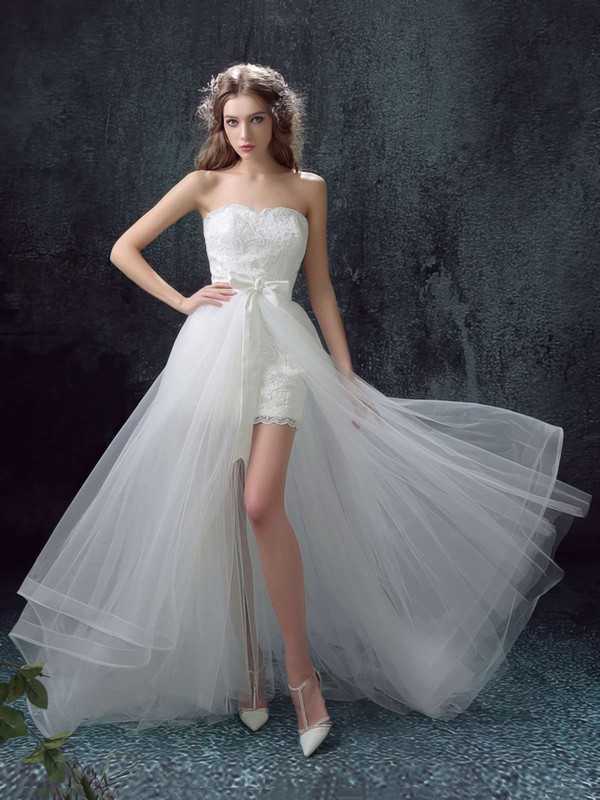 New Style A-line Sweetheart Organza Tulle Appliques Lace Asymmetrical Wedding Dresses #PWD00022878
