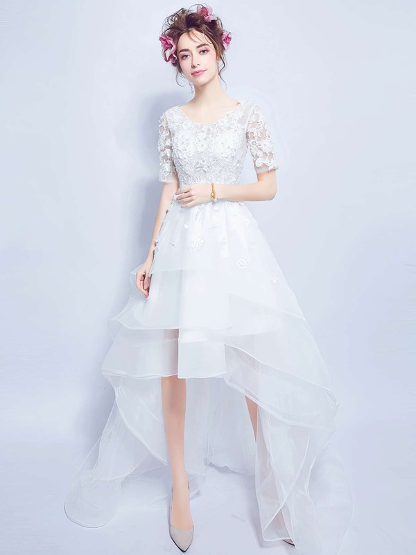 A-line Scoop Neck Organza Tulle Appliques Lace Asymmetrical 1/2 Sleeve High Low Unique Wedding Dresses #PWD00022880
