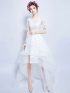 A-line Scoop Neck Organza Tulle Appliques Lace Asymmetrical 1/2 Sleeve High Low Unique Wedding Dresses #PWD00022880