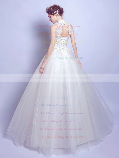 Modest Ball Gown High Neck Tulle Appliques Lace Floor-length Open Back Wedding Dresses #PWD00022881