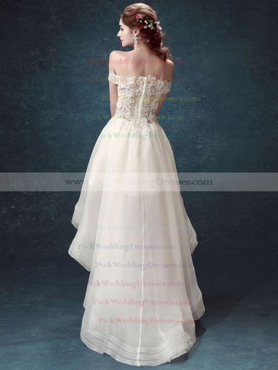 A-line Off-the-shoulder Organza Tulle Appliques Lace Asymmetrical High Low Different Wedding Dresses #PWD00022882