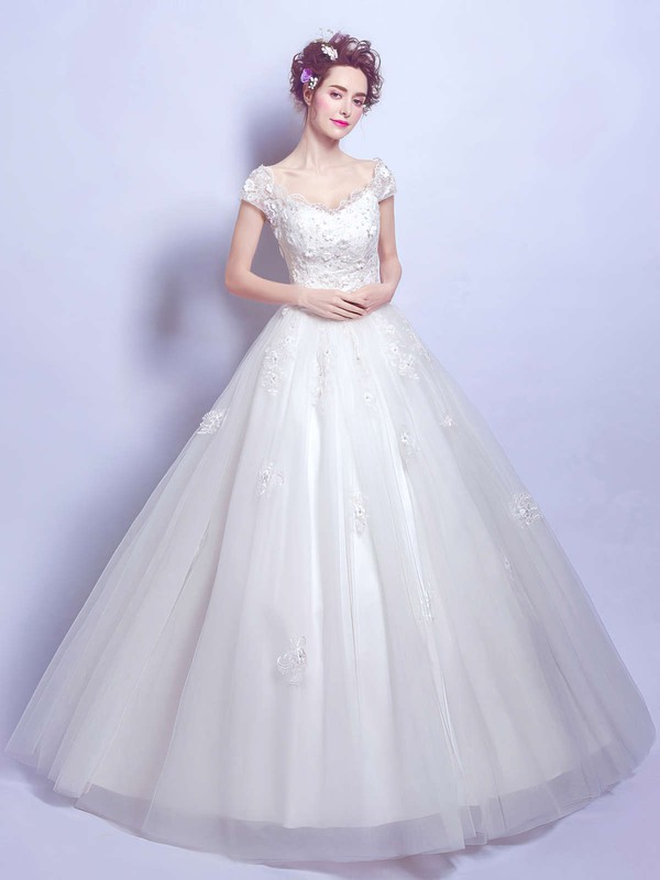 Ball Gown V-neck Tulle Appliques Lace Floor-length Short Sleeve Perfect Wedding Dresses #PWD00022884