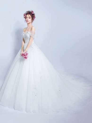 Ball Gown Off-the-shoulder Tulle with Beading Court Train Backless Glamorous Wedding Dresses #PWD00022888