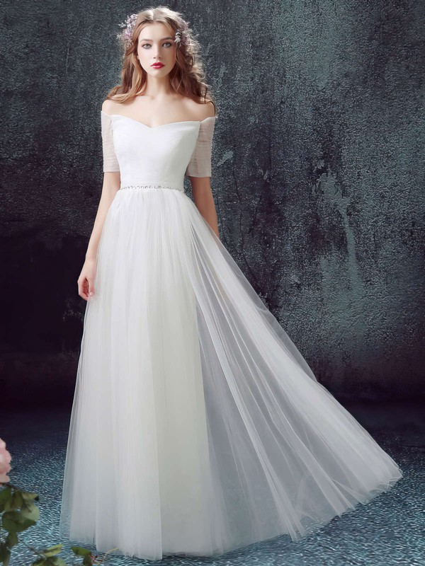 A-line Off-the-shoulder Tulle with Ruffles Floor-length Short Sleeve Famous Wedding Dresses #PWD00022890