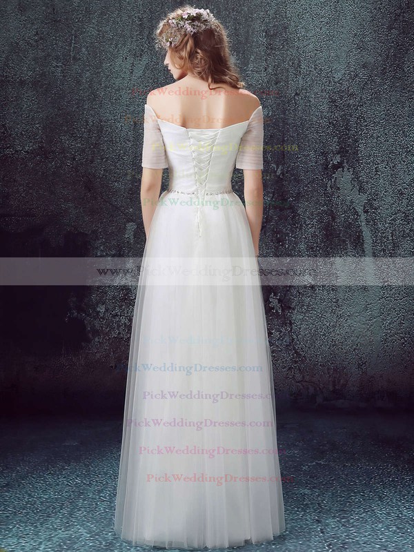 A-line Off-the-shoulder Tulle with Ruffles Floor-length Short Sleeve Famous Wedding Dresses #PWD00022890