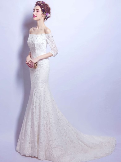 Trumpet/Mermaid Off-the-shoulder Lace with Beading Sweep Train 3/4 Sleeve Fabulous Wedding Dresses #PWD00022893