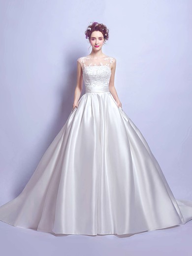 Classic Ball Gown Scoop Neck Satin Tulle with Appliques Lace Court Train Wedding Dresses #PWD00022894