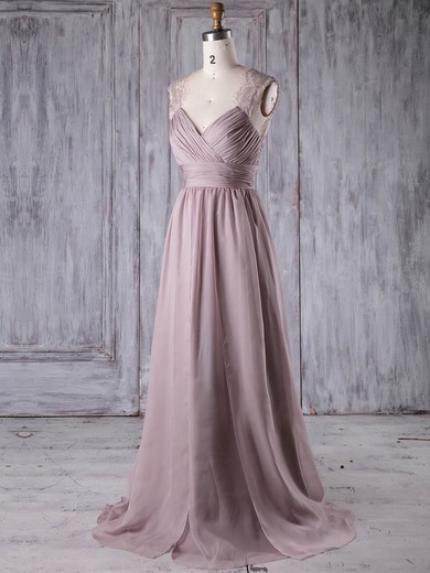 Lace|Chiffon V-neck Sweep Train A-line with Ruffles Bridesmaid Dresses #PWD01013174