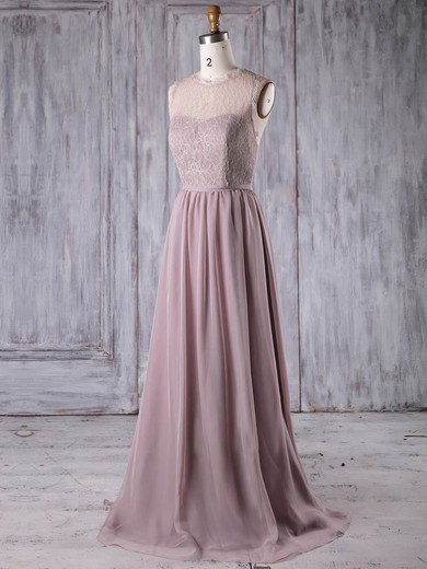 Lace|Chiffon Scoop Neck Sweep Train A-line with Sashes / Ribbons Bridesmaid Dresses #PWD01013175