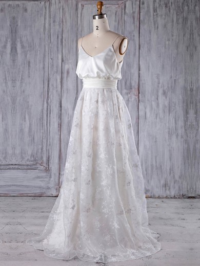 Lace V-neck Sweep Train A-line with Sashes / Ribbons Bridesmaid Dresses #PWD01013176