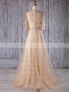 Tulle V-neck Sweep Train A-line with Appliques Lace Bridesmaid Dresses #PWD01013178