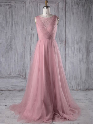 Tulle Scoop Neck Sweep Train A-line with Lace Bridesmaid Dresses #PWD01013180