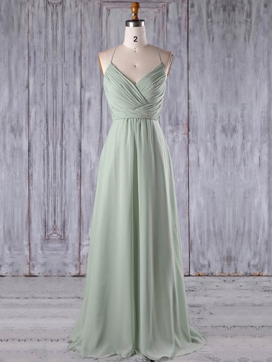 Chiffon|Tulle V-neck Floor-length A-line with Appliques Lace Bridesmaid Dresses #PWD01013184
