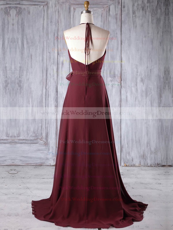 Chiffon Halter Sweep Train A-line with Sashes / Ribbons Bridesmaid Dresses #PWD01013185