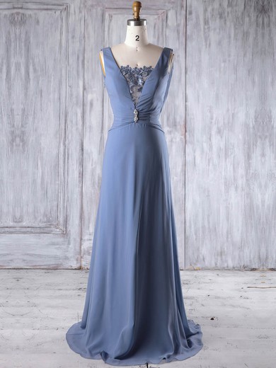 Lace|Chiffon Square Neckline Sweep Train A-line with Beading Bridesmaid Dresses #PWD01013191