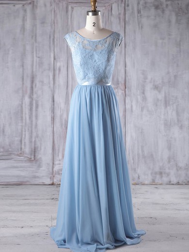 Chiffon|Tulle Scoop Neck Sweep Train A-line with Sashes / Ribbons Bridesmaid Dresses #PWD01013192