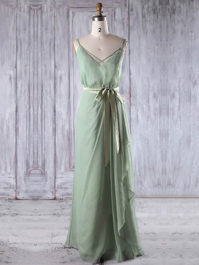 Chiffon V-neck Floor-length A-line with Sashes / Ribbons Bridesmaid Dresses #PWD01013197