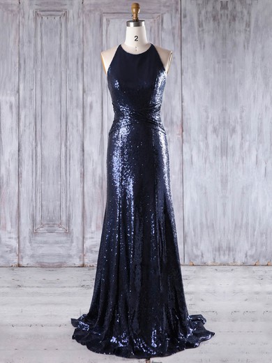 Sequined Scoop Neck Sweep Train Sheath/Column with Ruffles Bridesmaid Dresses #PWD01013201