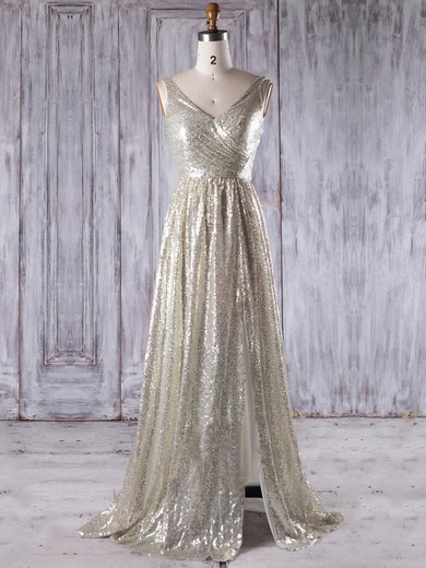 Sequined V-neck Sweep Train A-line with Split Front Bridesmaid Dresses #PWD01013202