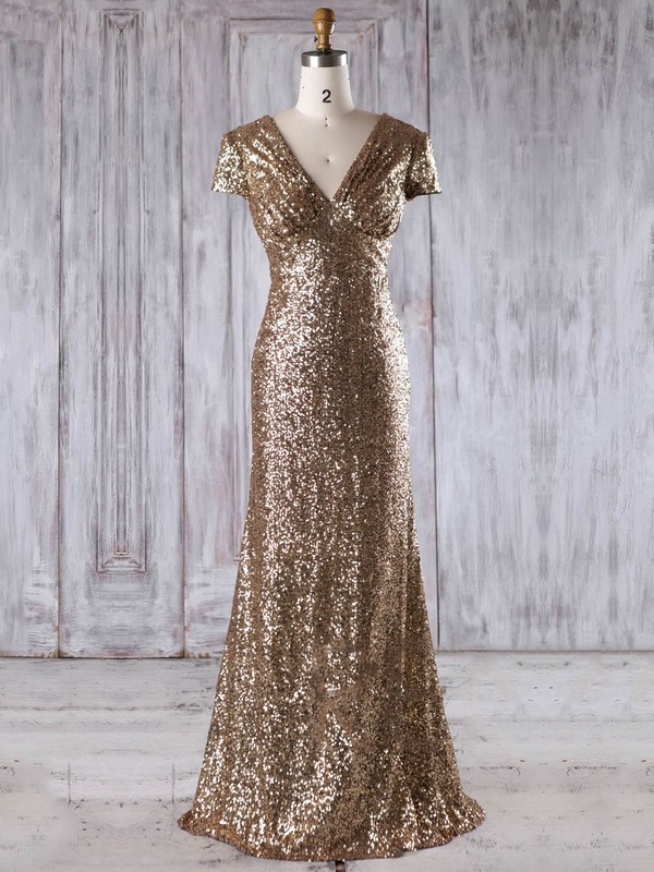 Sequined V-neck Floor-length Sheath/Column with Ruffles Bridesmaid Dresses #PWD01013204