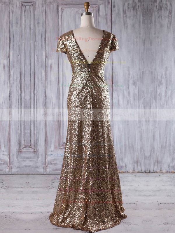 Sequined V-neck Floor-length Sheath/Column with Ruffles Bridesmaid Dresses #PWD01013204