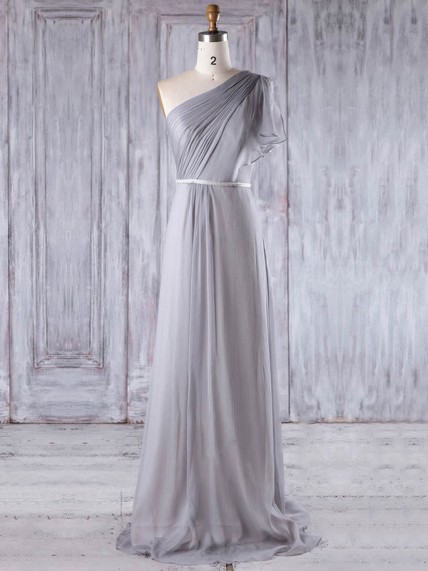 Chiffon One Shoulder Sweep Train A-line with Sashes / Ribbons Bridesmaid Dresses #PWD01013212