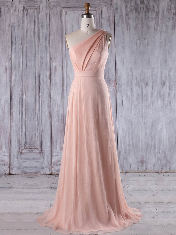 Chiffon One Shoulder Sweep Train A-line with Ruffles Bridesmaid Dresses #PWD01013215