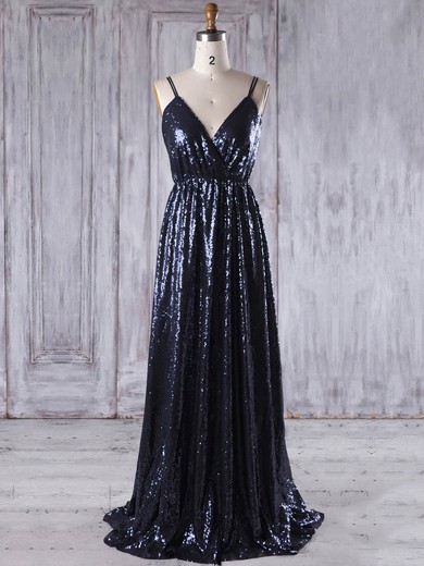Sequined V-neck Sweep Train A-line with Embroidered Bridesmaid Dresses #PWD01013223