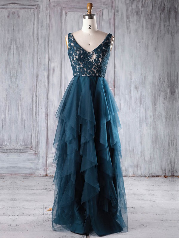 Lace|Tulle V-neck Floor-length A-line with Tiered Bridesmaid Dresses #PWD01013225