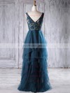 Lace|Tulle V-neck Floor-length A-line with Tiered Bridesmaid Dresses #PWD01013225