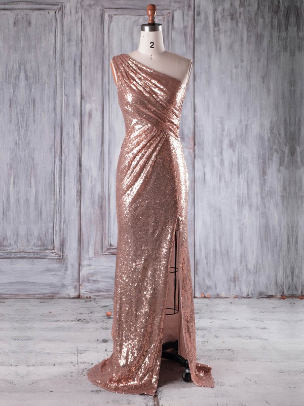 Sequined One Shoulder Sweep Train Sheath/Column with Split Front Bridesmaid Dresses #PWD01013226
