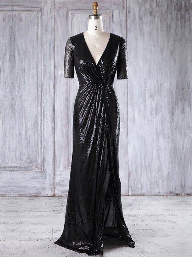 Sequined V-neck Sweep Train Sheath/Column with Split Front Bridesmaid Dresses #PWD01013227