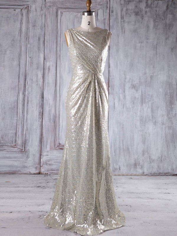 Sequined Scoop Neck Floor-length Sheath/Column with Ruffles Bridesmaid Dresses #PWD01013230