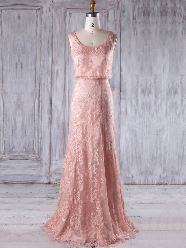 Lace Scoop Neck Floor-length Sheath/Column with Ruffles Bridesmaid Dresses #PWD01013233