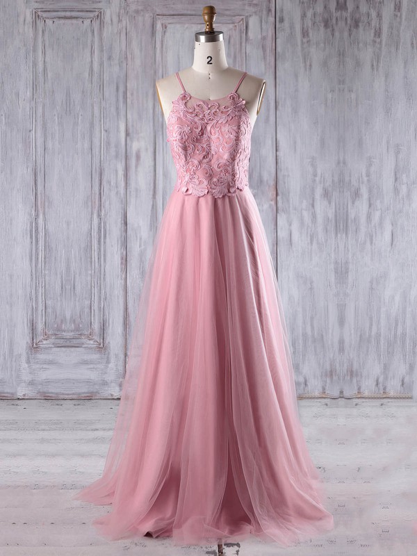 Tulle Scoop Neck Floor-length A-line with Appliques Lace Bridesmaid Dresses #PWD01013243