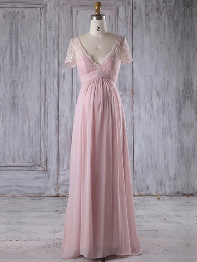 Lace|Chiffon V-neck Floor-length Empire with Ruffles Bridesmaid Dresses #PWD01013249