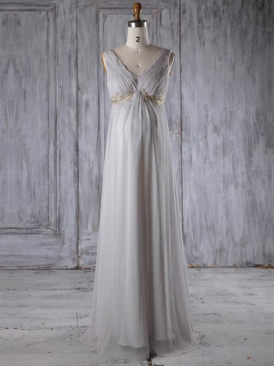 Chiffon V-neck Floor-length Empire with Appliques Lace Bridesmaid Dresses #PWD01013259