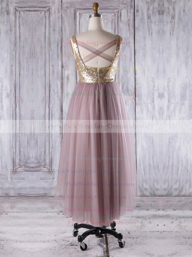 Tulle|Sequined V-neck Asymmetrical A-line with Ruffles Bridesmaid Dresses #PWD01013276