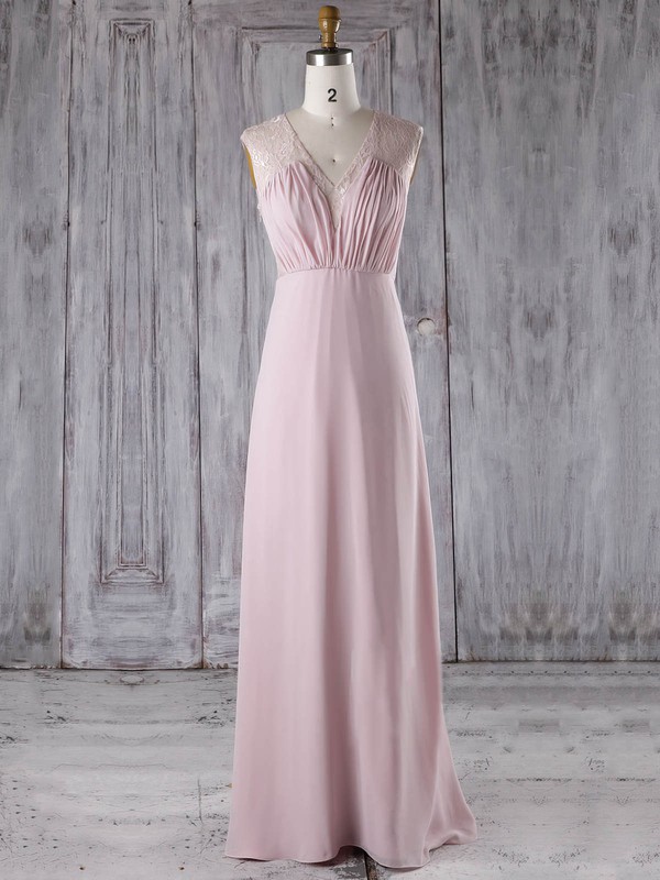 Lace|Chiffon V-neck Floor-length A-line with Ruffles Bridesmaid Dresses #PWD01013282