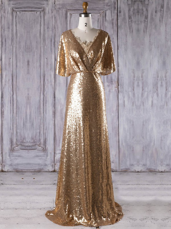 Sequined V-neck Sweep Train Sheath/Column with Appliques Lace Bridesmaid Dresses #PWD01013288