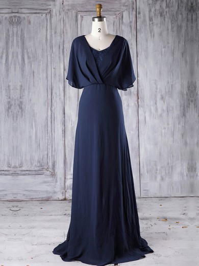 Lace|Chiffon V-neck Sweep Train A-line with Sequins Bridesmaid Dresses #PWD01013290