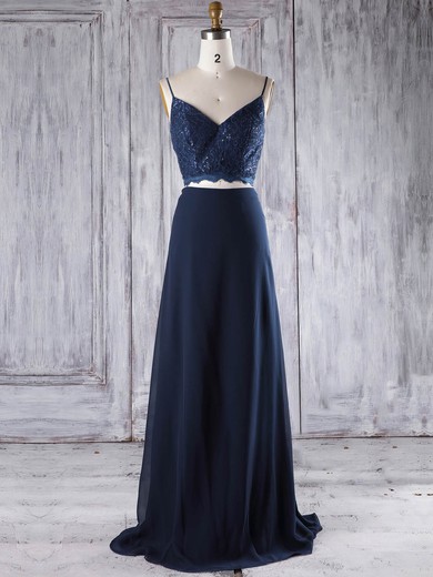 Chiffon V-neck Floor-length A-line with Lace Bridesmaid Dresses #PWD01013294